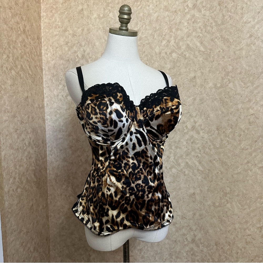 VTG Y2K 2000s Leopard Cheetah Animal Print Lace Trim Satin Corset Top